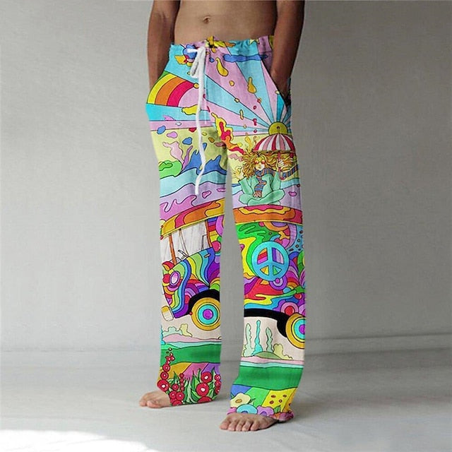 Men's Trousers Summer Pants Baggy Beach Pants Front Pocket Straight Leg Cartoon Graphic Prints Comfort Soft Casual Daily Fashion Streetwear Yellow Blue