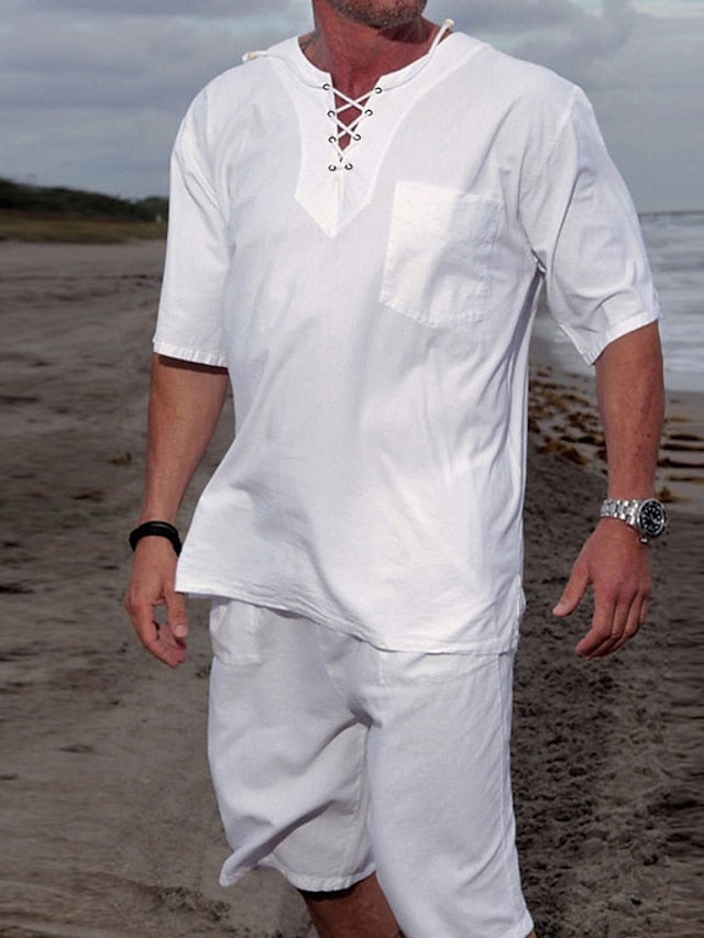 Men's Summer Shirt Beach Shirt Black White Navy Blue Short Sleeve Plain V Neck Summer Spring Outdoor Street Clothing Apparel