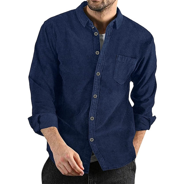 Men's Corduroy Shirt Overshirt Black Army Green Navy Blue Long Sleeve Solid Color Turndown Spring &  Fall Street Daily Clothing Apparel Button-Down