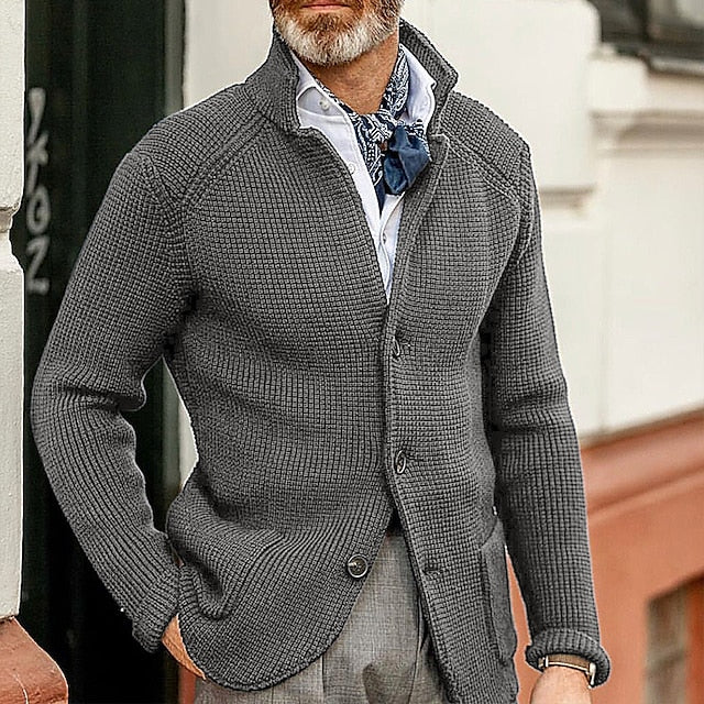 Men's Sweater Cardigan Sweater Blazer Waffle Knit Cropped Knitted Solid Color Stand Collar Basic Stylish Outdoor Daily Clothing Apparel Fall Winter Blue Khaki S M L / Long Sleeve / Long Sleeve