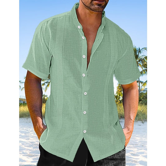 Men's Guayabera Shirt Linen Shirt Button Up Shirt Casual Shirt Summer Shirt Beach Shirt Black White Blue Short Sleeve Plain Stand Collar Summer Casual Daily Clothing Apparel