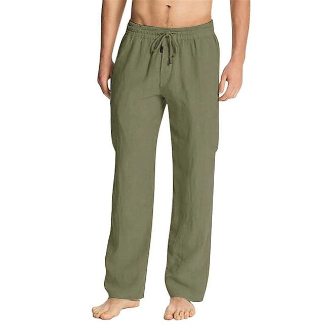 Men's Linen Pants Trousers Summer Pants Beach Pants Pocket Drawstring Plain Breathable Lightweight Full Length Casual Beach Yoga Basic Loose Fit ArmyGreen Black Micro-elastic