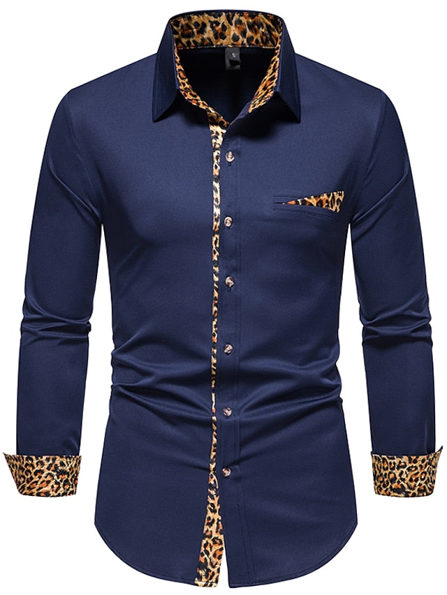 Men's Button Up Shirt Dress Shirt Collared Shirt Black White Navy Blue Long Sleeve Leopard All Seasons Wedding Daily Clothing Apparel