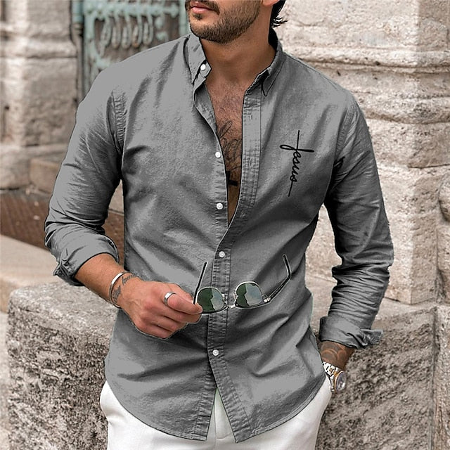 Men's Shirt Linen Shirt Graphic Prints Cross Turndown Pink Blue Green Khaki Gray Outdoor Street Long Sleeve Print Clothing Apparel Linen Fashion Streetwear Designer Casual