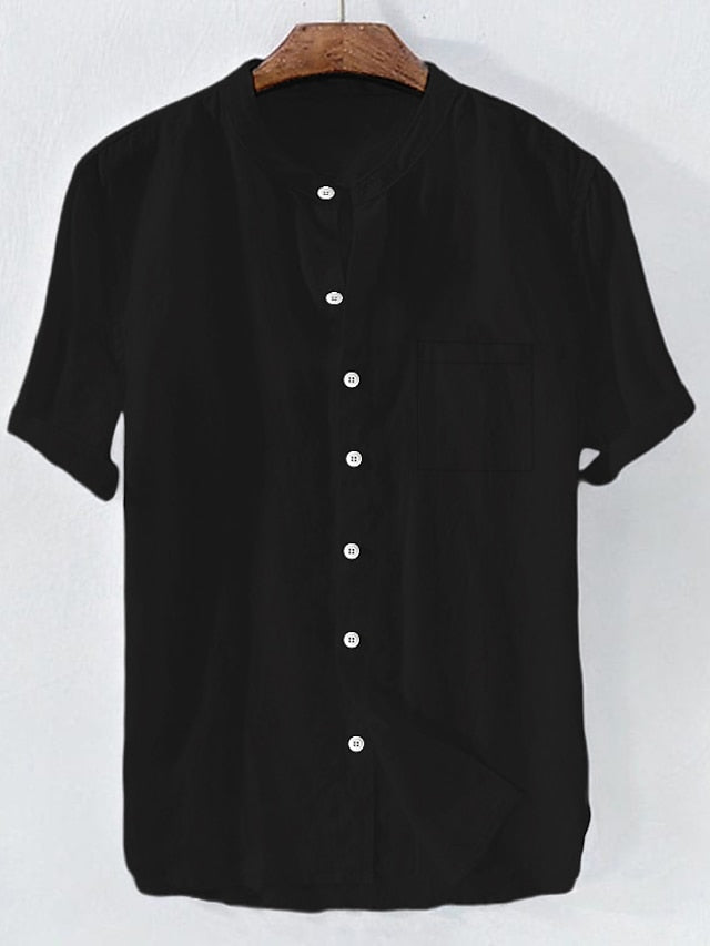 Men's Linen Shirt Summer Shirt Beach Shirt Black White Khaki Short Sleeve Plain Standing Collar Daily Hawaiian Clothing Apparel Patchwork