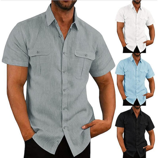 Men's Shirt Linen Shirt Summer Shirt Beach Shirt Black White Navy Blue Short Sleeve Solid Color Turndown Spring Autumn / Fall Daily Hawaiian Clothing Apparel Button-Down