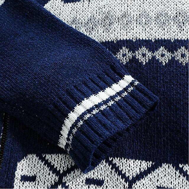 Men's Sweater Ugly Christmas Sweater Cardigan Zip Sweater Sweater Jacket Knit Full Zip Knitted Geometric V Neck Stylish Vintage Style Christmas Causal Clothing Apparel Winter Fall Navy Blue M L XL