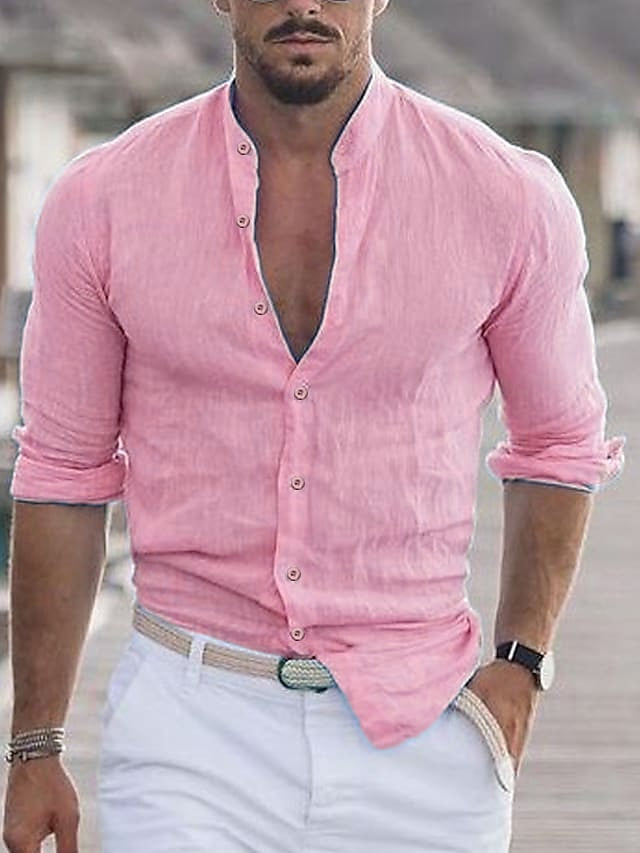 Men's Shirt Linen Shirt Button Up Shirt Casual Shirt Summer Shirt Beach Shirt Black White Pink Long Sleeve Solid Color Collar Hawaiian Holiday Clothing Apparel