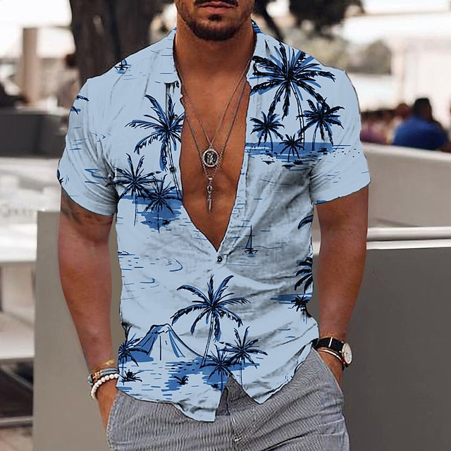 Men's Shirt Summer Hawaiian Shirt Graphic Shirt Aloha Shirt Coconut Tree Turndown Light Yellow Green Blue Purple Yellow Print Outdoor Street Short Sleeve Button-Down Print Clothing Apparel Fashion