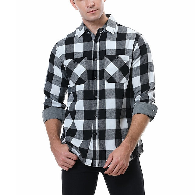 Men's Shirt Flannel Shirt Shirt Jacket Shacket Black White Yellow Long Sleeve Plaid Turndown Spring &  Fall Street Daily Clothing Apparel Button-Down