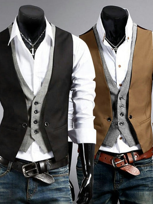 Men's Suit Vest Waistcoat Formal Wedding 1920s Smart Casual Cotton Polyester Solid Colored Slim Black Brown Vest