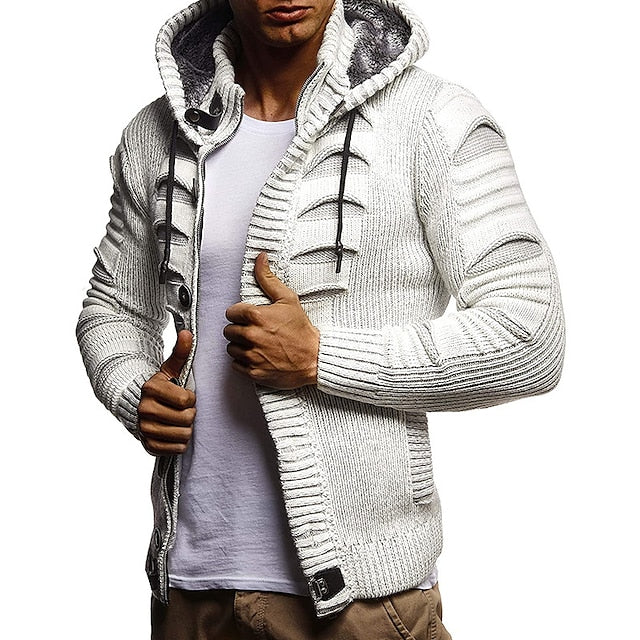 Men's Sweater Cardigan Sweater Chunky Knit Knitted Hooded Going out Weekend Clothing Apparel Winter Fall White Black S M L