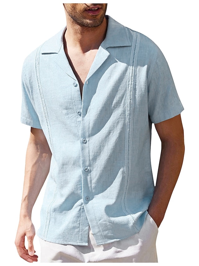 Men's Guayabera Shirt Linen Shirt Summer Shirt Beach Shirt Black White Blue Short Sleeve Plain Turndown Spring & Summer Street Daily Clothing Apparel Button-Down