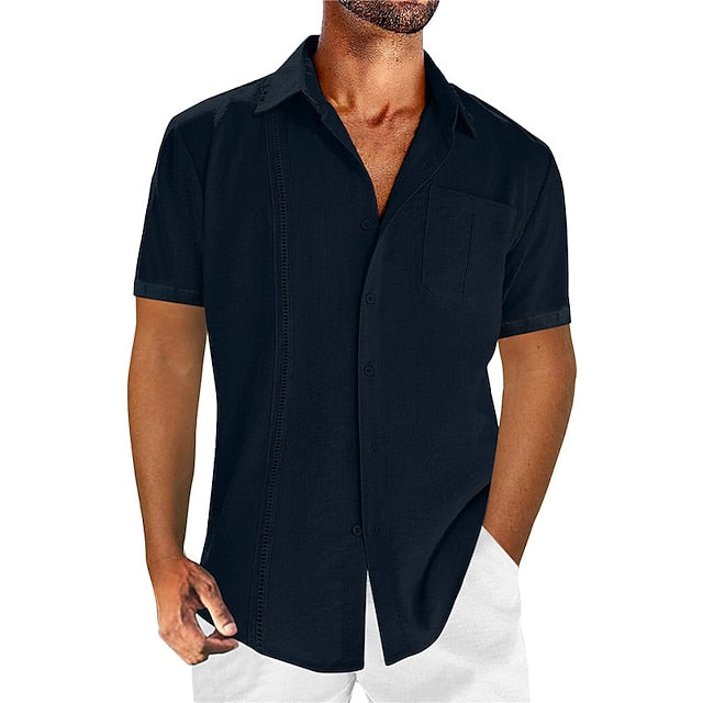 Men's Shirt Guayabera Shirt Linen Shirt Button Up Shirt Summer Shirt Beach Shirt Black White Navy Blue Short Sleeve Plain Lapel Summer Casual Daily Clothing Apparel Front Pocket