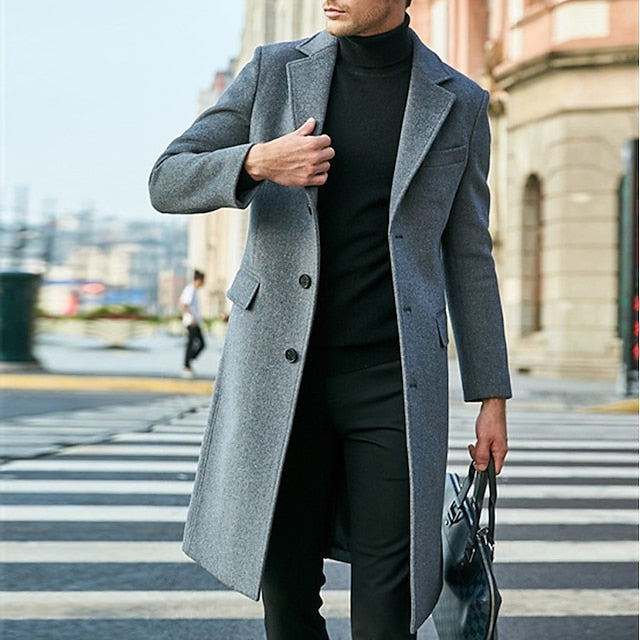 Men's Winter Coat Overcoat Office / Career Business Winter Fall Polyester Windproof Warm Outerwear Clothing Apparel Chic & Modern Glamorous & Dramatic non-printing Pure Color Pocket Turndown Single