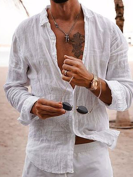 Men's Linen Shirt Casual Shirt Summer Shirt Beach Shirt Black White Pink Long Sleeve Plain Lapel Spring & Summer Hawaiian Holiday Clothing Apparel Basic