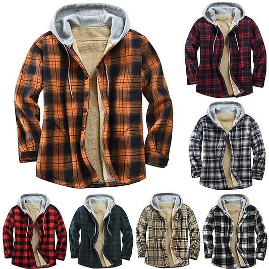 Men's Winter Jacket Shirt Jacket Winter Coat Fleece Jacket Casual Warm Winter Plaid / Check White+Black Wine Red Orange Green Jacket