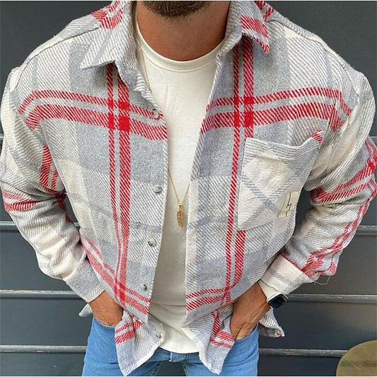 Men's Shirt Flannel Shirt Shirt Jacket Shacket Dark Gray+Red Purple Green Long Sleeve Plaid / Check Turndown Spring &  Fall Street Daily Clothing Apparel Button-Down