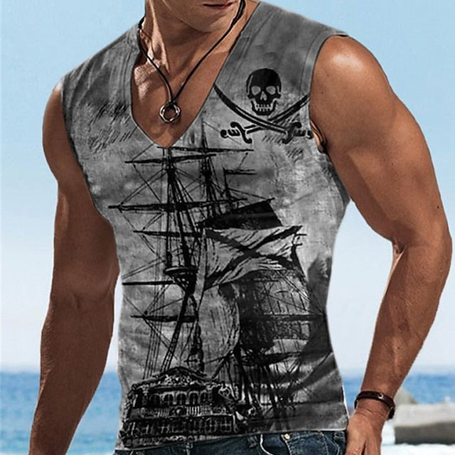 Men's Unisex Undershirt Graphic Prints Rudder Crew Neck Lake blue Navy Blue Purple Brown Green 3D Print Outdoor Street Sleeveless Print Clothing Apparel Sports Casual Big and Tall