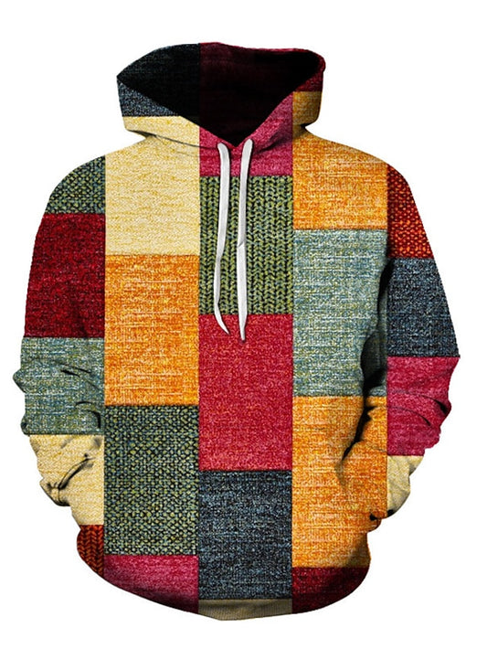 Men's Hoodie Pullover Hoodie Sweatshirt Green Blue Purple Rainbow Orange Hooded Graphic Plaid Color Block Lace up Casual Daily Holiday 3D Print Sportswear Casual Big and Tall Fall & Winter Clothing