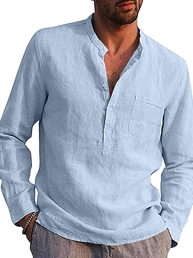 Men's Shirt Linen Shirt Summer Shirt Beach Shirt Light Blue Wine Red Black Long Sleeve Solid Color Collar Summer Spring Street Sports Clothing Apparel
