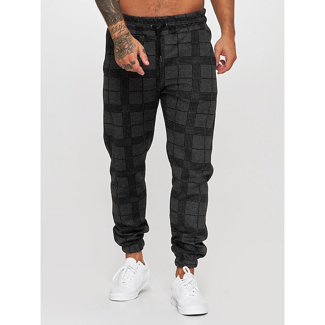 Men's Joggers Trousers Casual Pants Plaid Drawstring Trousers Elastic Waist Print Plaid Geometry Outdoor Sports Full Length Formal Sports Outdoor Streetwear Casual Black White Micro-elastic