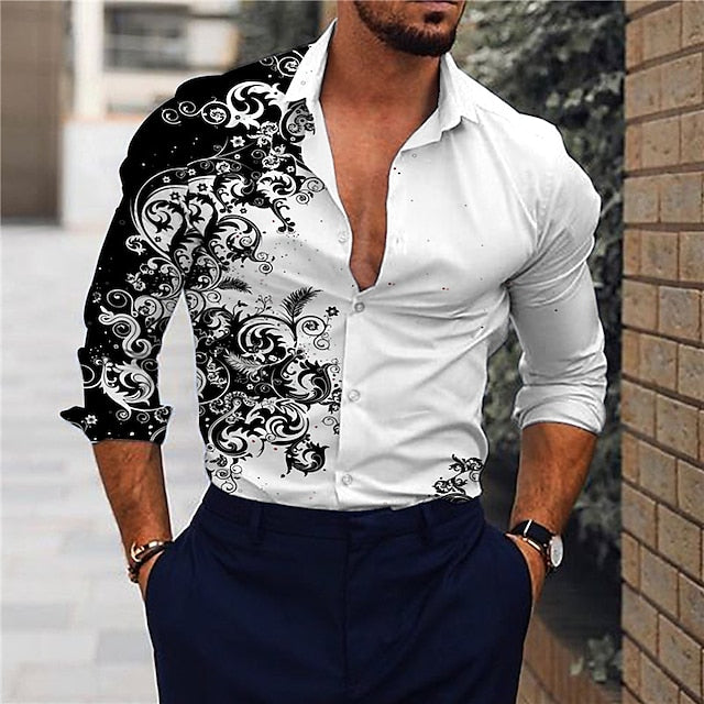 Men's Shirt Floral Print Long Sleeve Button-Down Tops Turndown Green Black Blue Red Brown Daily Holiday Fashion Casual Breathable