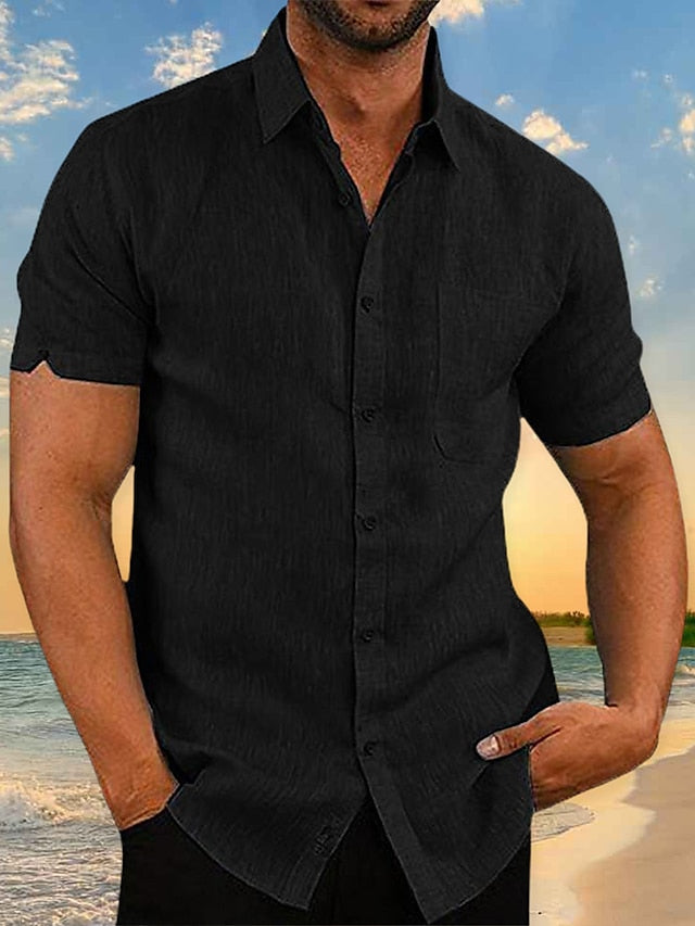 Men's Linen Shirt Shirt Summer Shirt Beach Shirt Black White Green Short Sleeve Plain Collar Daily Hawaiian Clothing Apparel