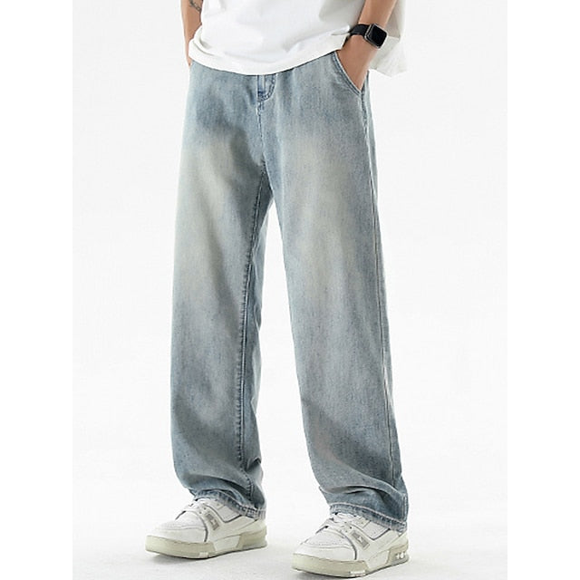 Men's Jeans Trousers Denim Pants Pocket Elastic Waist Straight Leg Plain Comfort Breathable Outdoor Daily Going out Cotton Blend Fashion Casual Dark Blue Light Blue