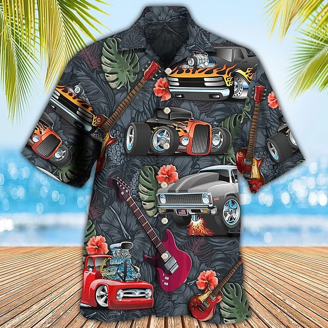 Men's Shirt Summer Hawaiian Shirt Graphic Prints Hippie Bus Turndown Light Yellow Blue-Green Black Light Green Purple Casual Hawaiian Short Sleeve Button-Down Print Clothing Apparel Tropical Fashion