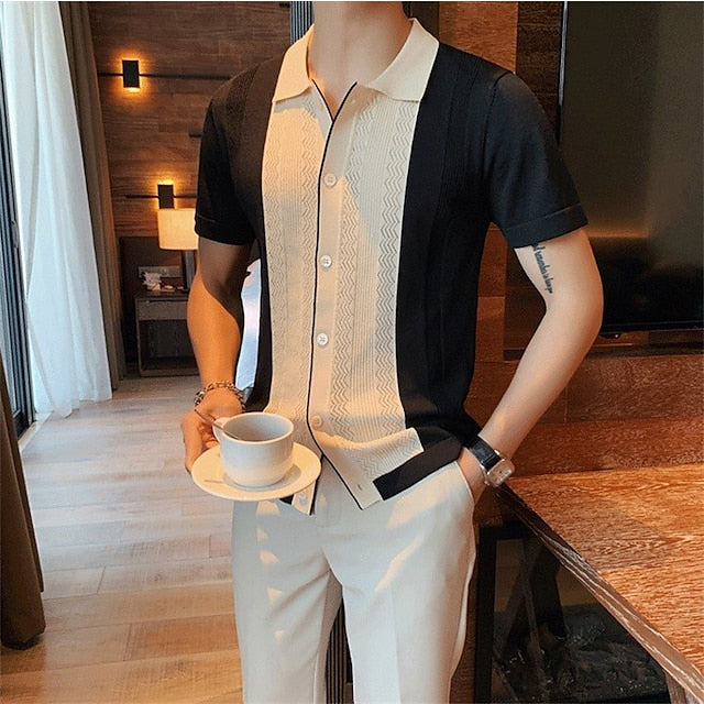 Men's Polo Shirt Knit Polo Sweater Casual Daily Turndown Button Short Sleeve Fashion Chunky Color Block Button Front Summer Spring Fall Regular Fit Black / Gray Yellow Polo Shirt