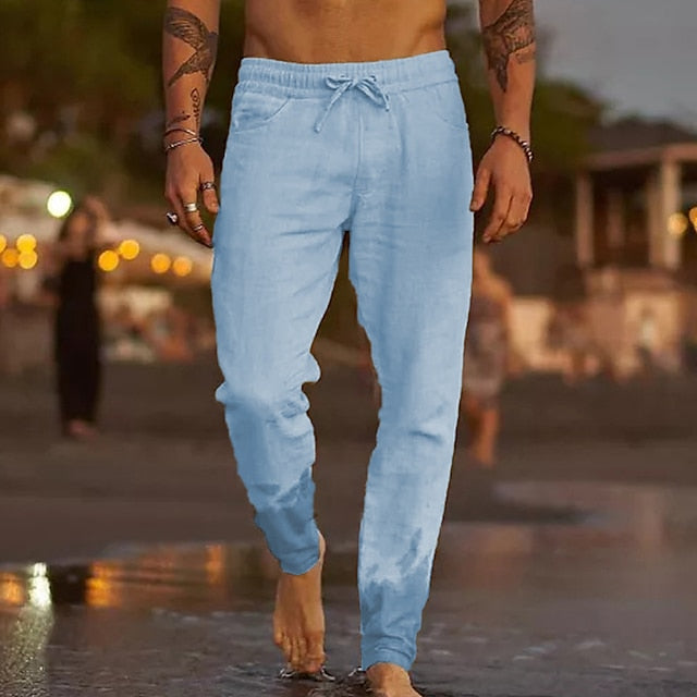 Men's Linen Pants Trousers Summer Pants Beach Pants Pocket Drawstring Elastic Waist Plain Comfort Soft Daily Weekend Linen / Cotton Blend Streetwear Casual Dark Khaki Light Khaki Micro-elastic