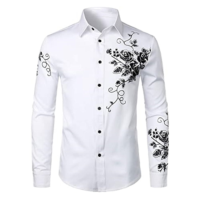 Men's Button Up Shirt Collared Shirt Prom Shirt Disco Shirt Black White Blue Long Sleeve Floral Turndown Spring &  Fall Wedding Party Clothing Apparel Button-Down