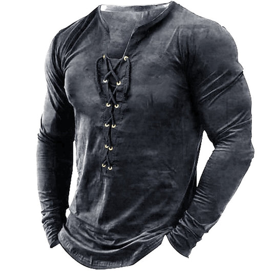 Men's T shirt Tee Long Sleeve Shirt Solid Color V Neck Outdoor Street Long Sleeve Lace up Clothing Apparel Fashion Streetwear Designer Basic