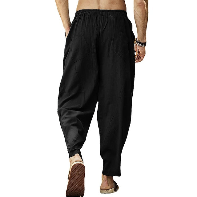 Men's Linen Pants Summer Pants Pocket Drawstring Plain Casual Daily Yoga Cotton Blend Basic Classic Black White