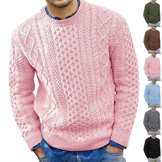 Men's Sweater Pullover Sweater Jumper Ribbed Cable Knit Cropped Knitted Crew Neck Going out Weekend Clothing Apparel Fall Winter Black Pink M L XL