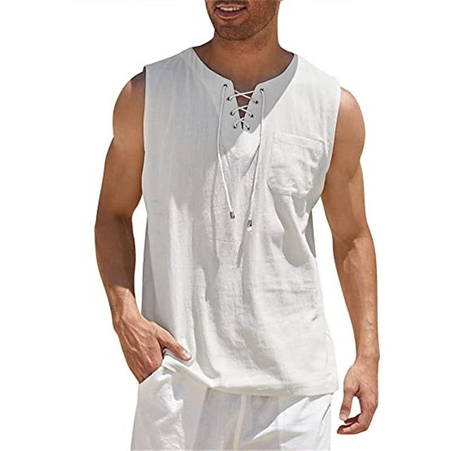 Men's Linen Shirt Summer Shirt Tank Top Beach Shirt White Dark Green Camel Solid Color Collarless Casual Daily Clothing Apparel