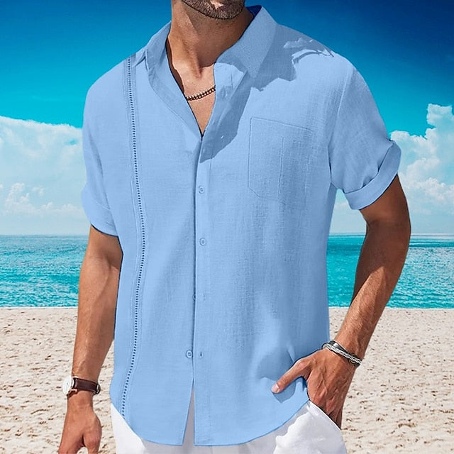 Men's Shirt Guayabera Shirt Linen Shirt Summer Shirt Beach Shirt Black White Navy Blue Short Sleeve Plain Lapel Summer Casual Daily Clothing Apparel Front Pocket