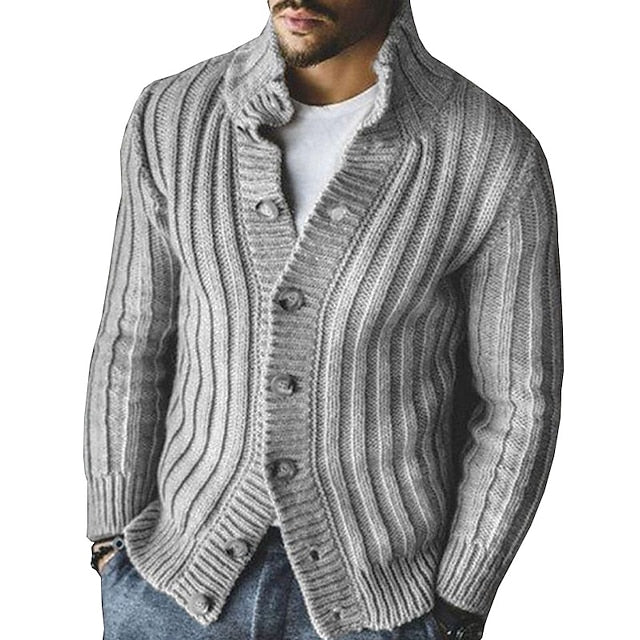 Men's Sweater Cardigan Knit Knitted Solid Color Stand Collar Stylish Vintage Style Daily Wear Clothing Apparel Winter Fall Khaki Gray S M L