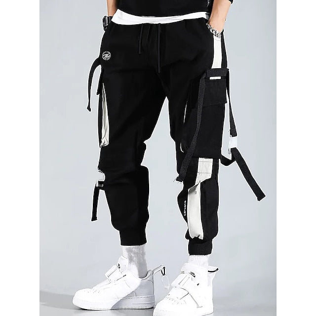 men's cargo pants joggers sweatpants Streetwear Embroidery Trousers Color Block Cotton jogging pants With Multi-pockets ribbon hiphop punk sport harem pants spring Fall