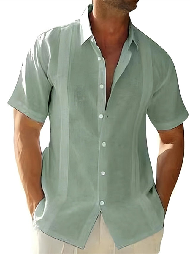 Men's Guayabera Shirt Linen Shirt Summer Shirt Beach Shirt Black White Blue Short Sleeve Plain Turndown Spring & Summer Street Daily Clothing Apparel Button-Down