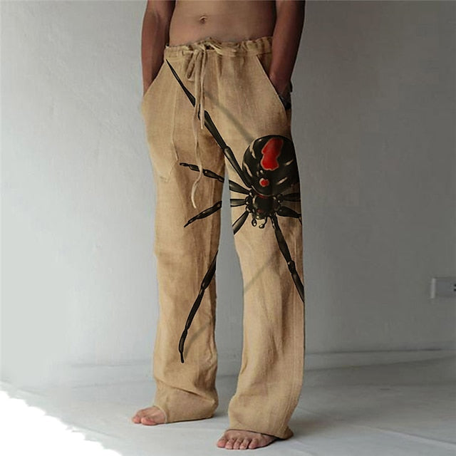 Men's Trousers Summer Pants Beach Pants Straight Elastic Drawstring Design Front Pocket Straight Leg Spider Graphic Prints Comfort Soft Casual Daily Fashion Big and Tall White Green