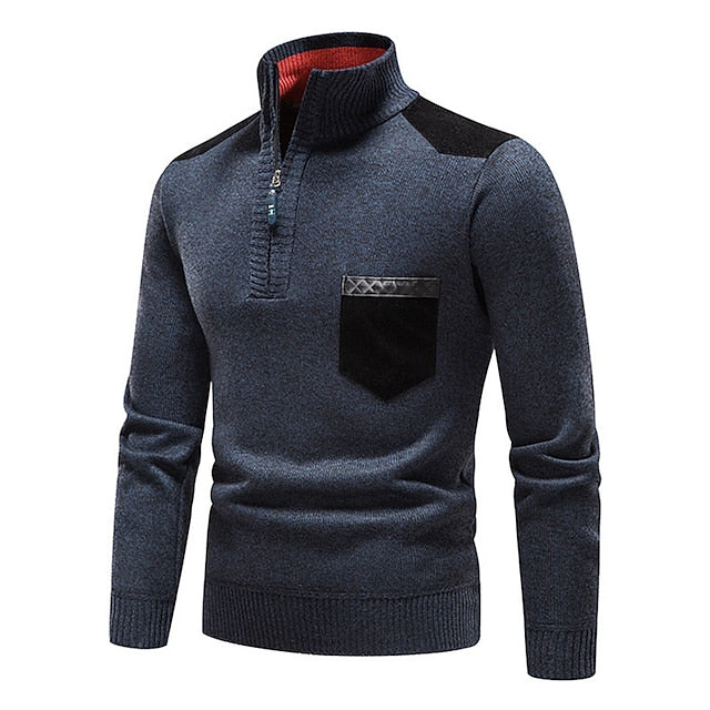 Men's Pullover Sweater Jumper Fleece Sweater Ribbed Knit Zipper Knitted Color Block Half Zip Basic Keep Warm Work Daily Wear Clothing Apparel Fall & Winter Blue Red & White M L XL