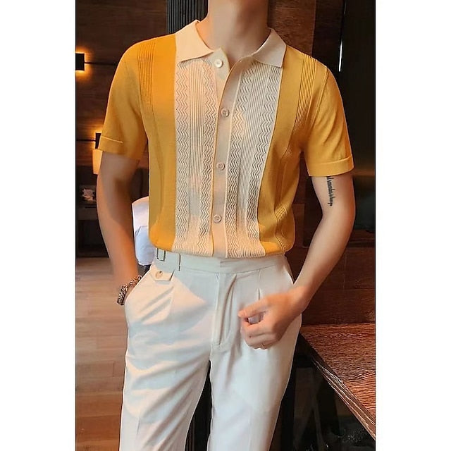 Men's Polo Shirt Knit Polo Sweater Casual Daily Turndown Button Short Sleeve Fashion Chunky Color Block Button Front Summer Spring Fall Regular Fit Black / Gray Yellow Polo Shirt