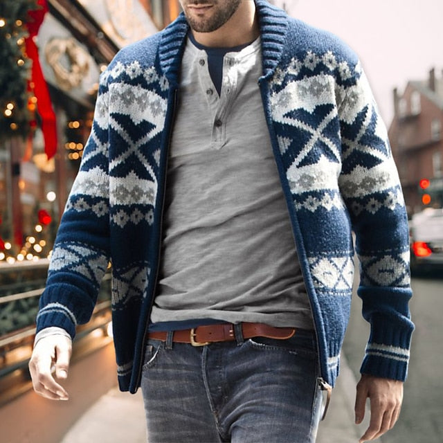 Men's Sweater Ugly Christmas Sweater Cardigan Zip Sweater Sweater Jacket Knit Full Zip Knitted Geometric V Neck Stylish Vintage Style Christmas Causal Clothing Apparel Winter Fall Navy Blue M L XL