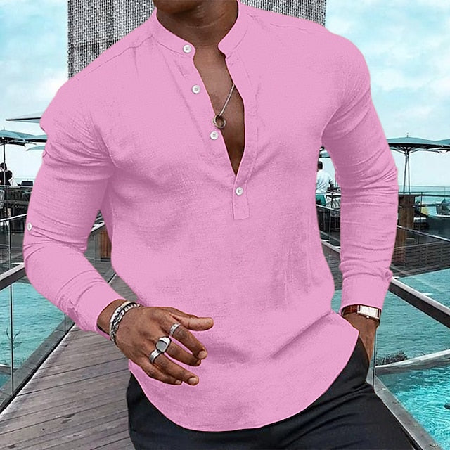 Men's Shirt Linen Shirt Popover Shirt Casual Shirt Summer Shirt Beach Shirt Black White Pink Long Sleeve Plain Henley Spring & Summer Casual Daily Clothing Apparel