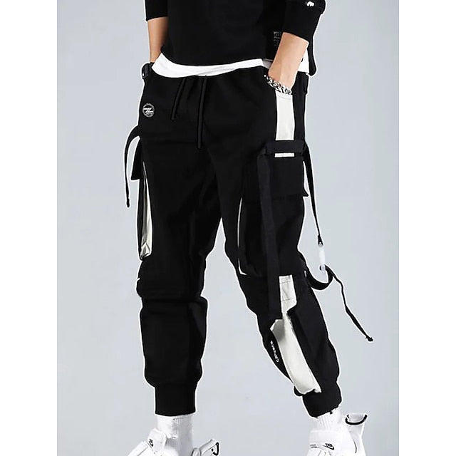 men's cargo pants joggers sweatpants Streetwear Embroidery Trousers Color Block Cotton jogging pants With Multi-pockets ribbon hiphop punk sport harem pants spring Fall