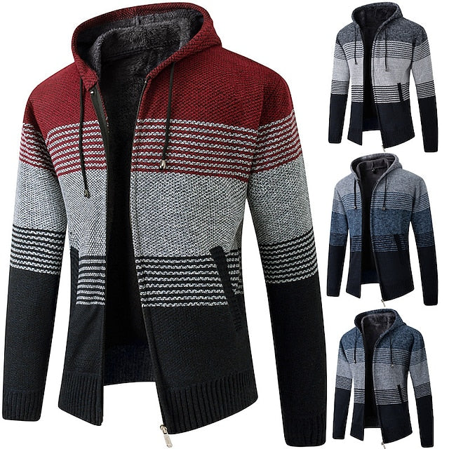 Men's Cardigan Sweater Fleece Sweater Ribbed Knit Knitted Color Block Hooded Warm Ups Modern Contemporary Daily Wear Going out Clothing Apparel Fall & Winter Red & White Dark Blue S M L