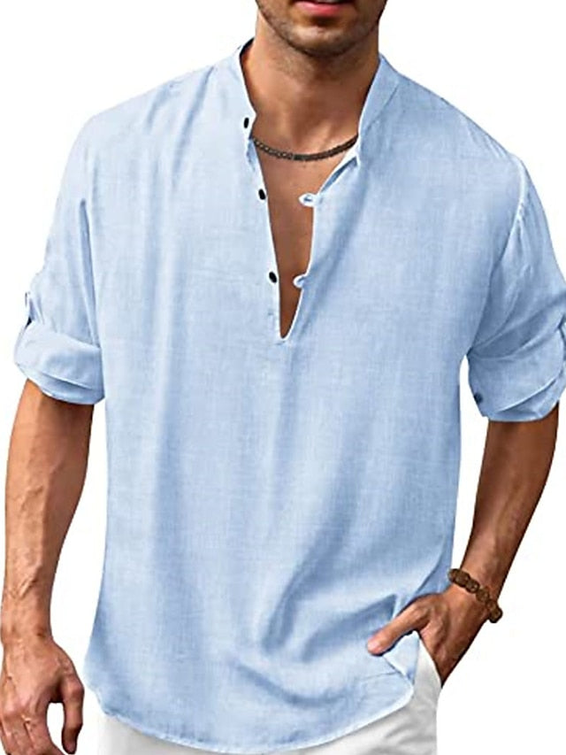 Men's Shirt Popover Shirt Casual Shirt Summer Shirt Beach Shirt Black White Navy Blue Long Sleeve Plain Henley Spring & Summer Casual Daily Clothing Apparel