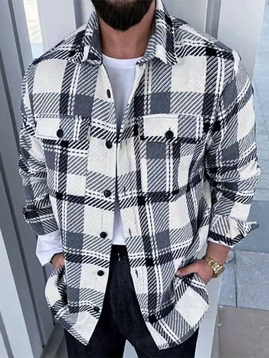 Men's Flannel Shirt Shirt Jacket Shacket Black Long Sleeve Plaid / Check Turndown Fall Outdoor Street Clothing Apparel Pocket